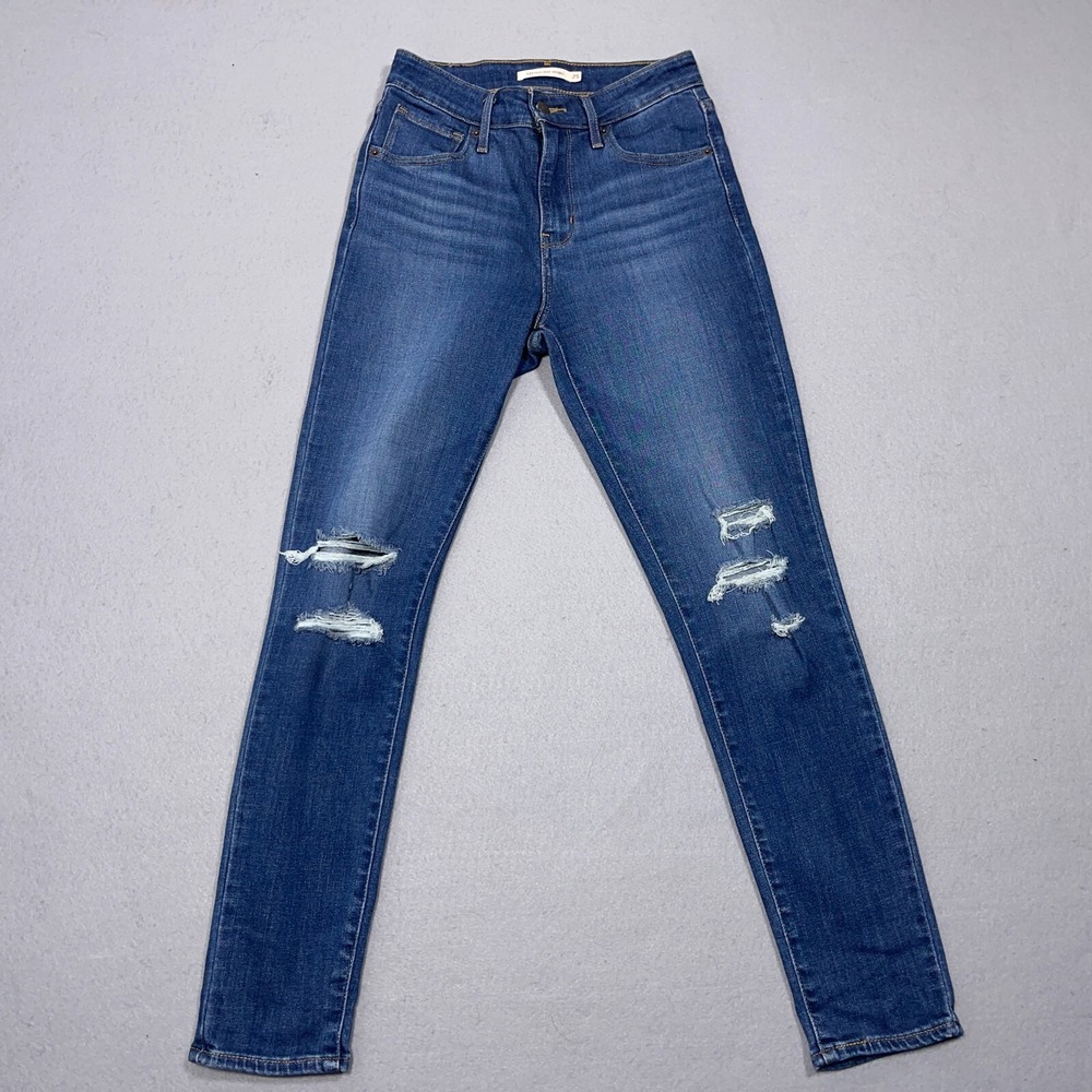 Levi 721 High Rise Skinny Jeans Women 25 Distressed Ripped Blue Denim Streetwear